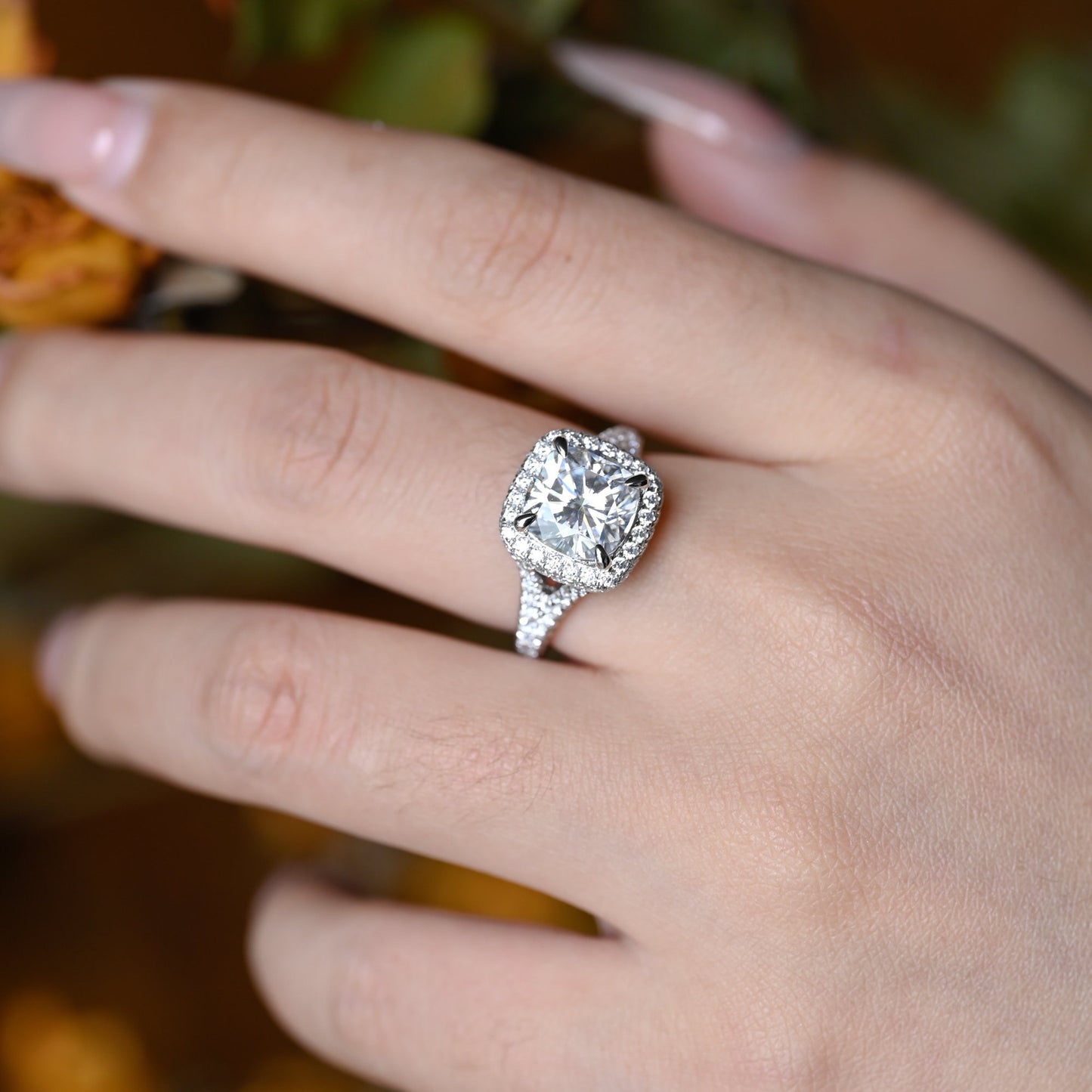 3.5 CT Cushion Cut Halo Moissanite Engagement Ring