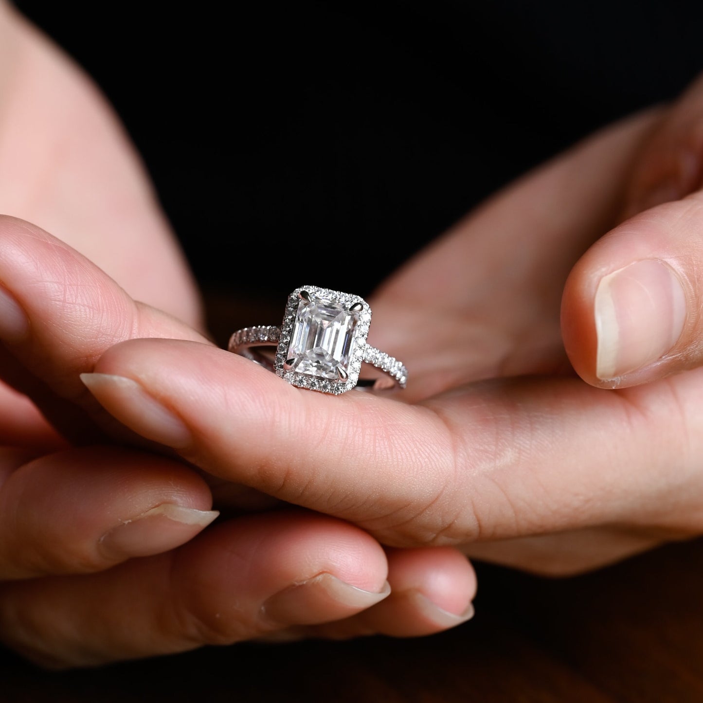 3.0 CT Emerald Cut Halo Moissanite Engagement Ring