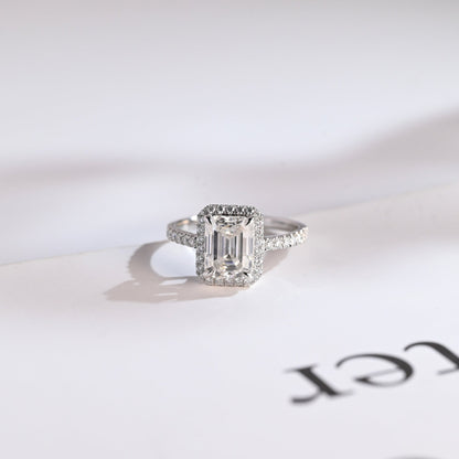 3.0 CT Emerald Cut Halo Moissanite Engagement Ring