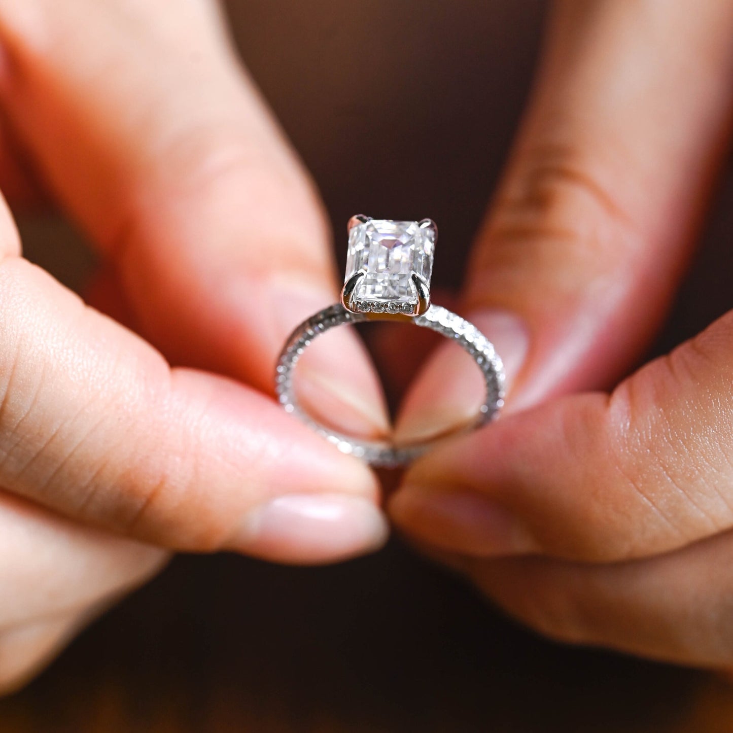 3.5 CT Emerald Cut Hidden Halo Moissanite Engagement Ring