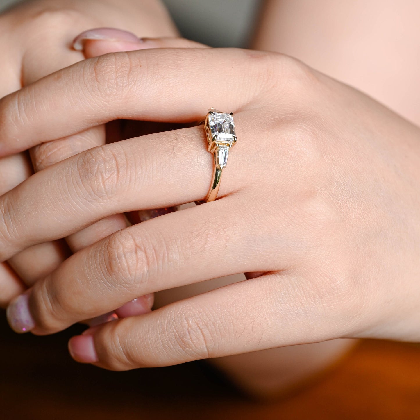 2.0 CT Emerald Cut Three Stone Moissanite Engagement Ring