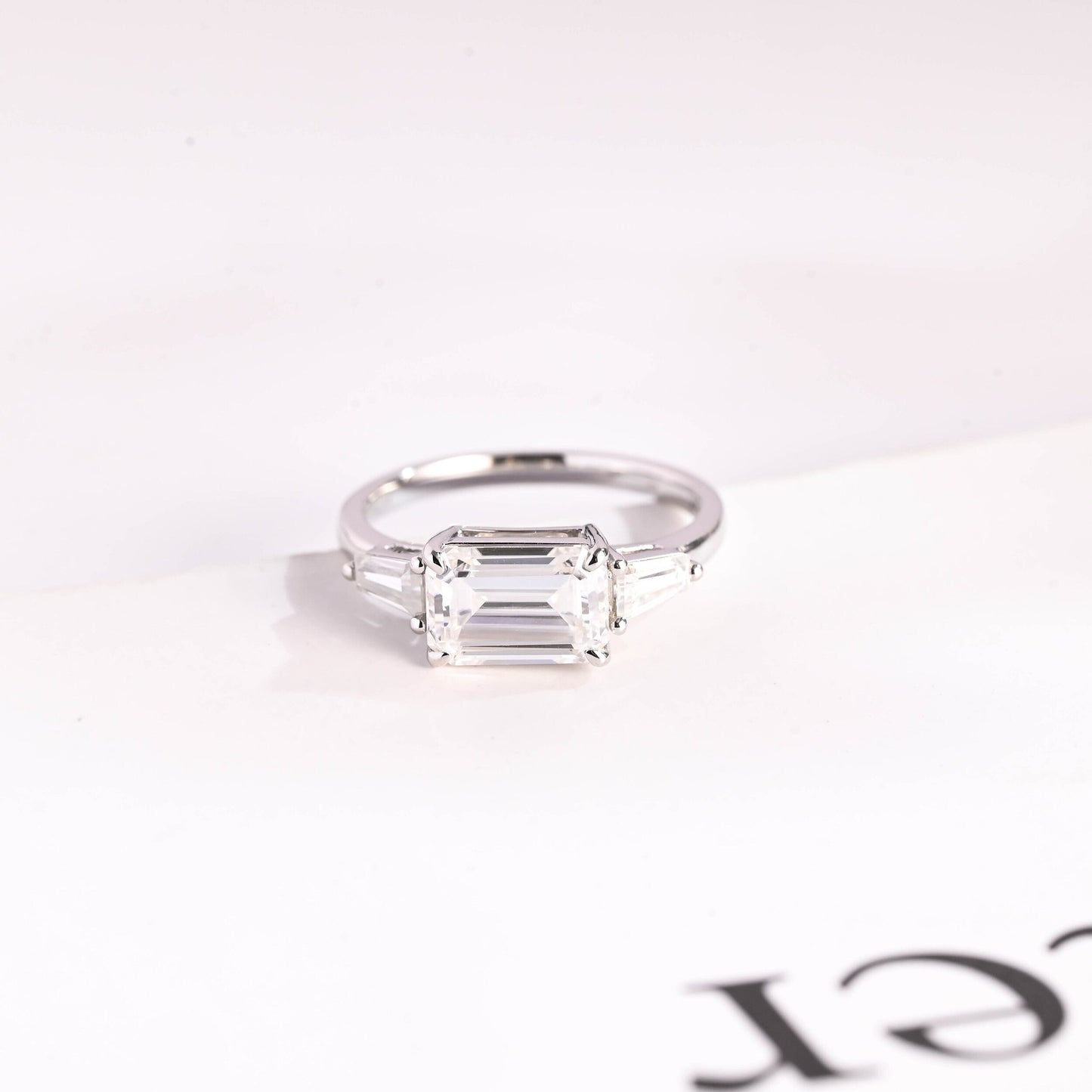 2.0 CT Emerald Cut Three Stone Moissanite Engagement Ring