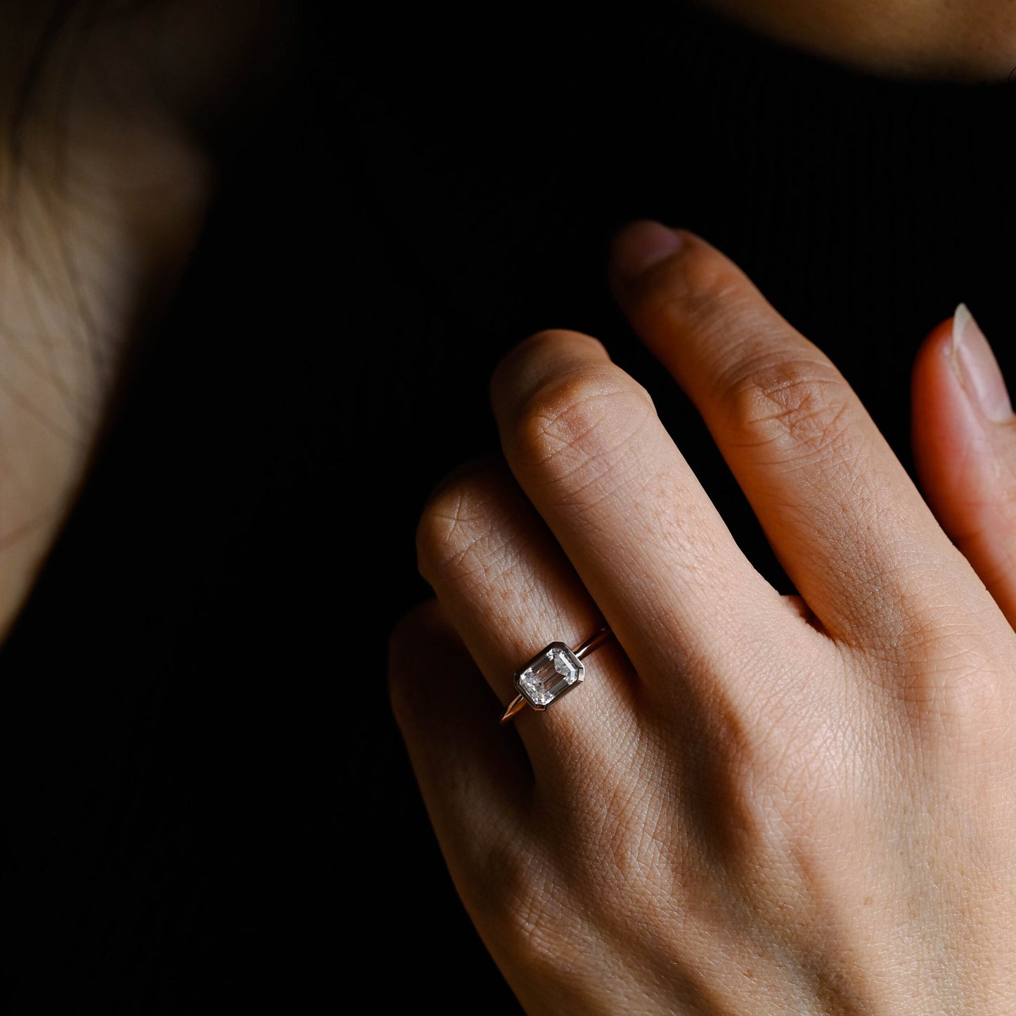 1.5 CT Emerald Cut Bezel Moissanite Engagement Ring