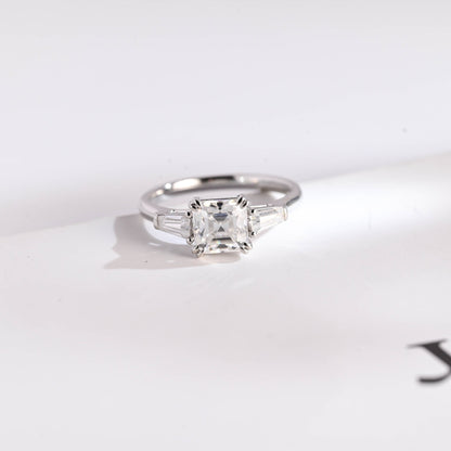 2.0 CT Asscher Cut Three Stone Moissanite Engagement Ring