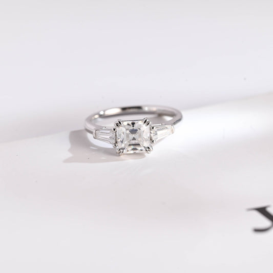 2.0 CT Asscher Cut Three Stone Moissanite Engagement Ring