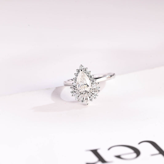 1.25 CT Pear Cut Halo Moissanite Engagement Ring