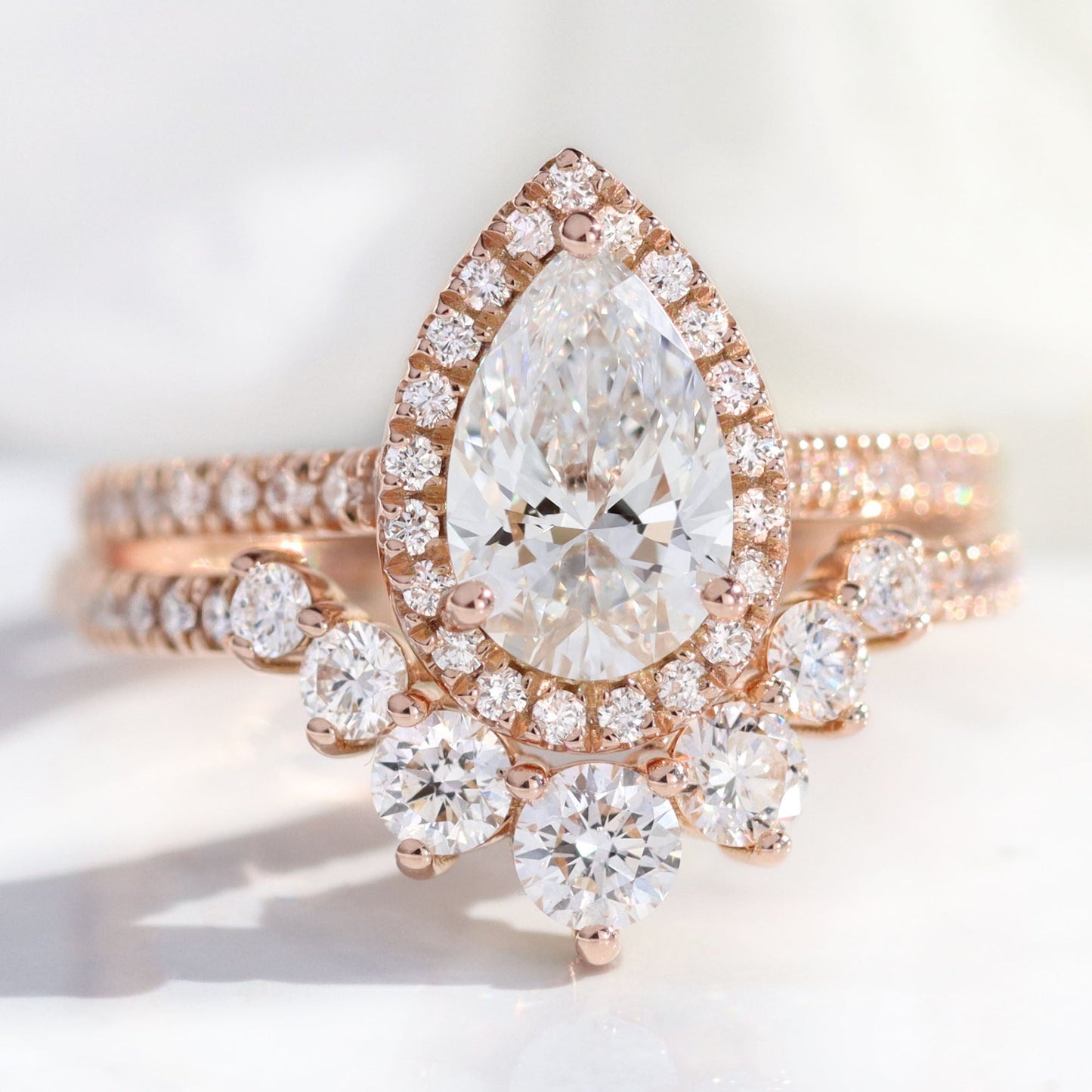 Sophie- 2.0 CT Pear Moissanite Halo & Pave Bridal Ring Set