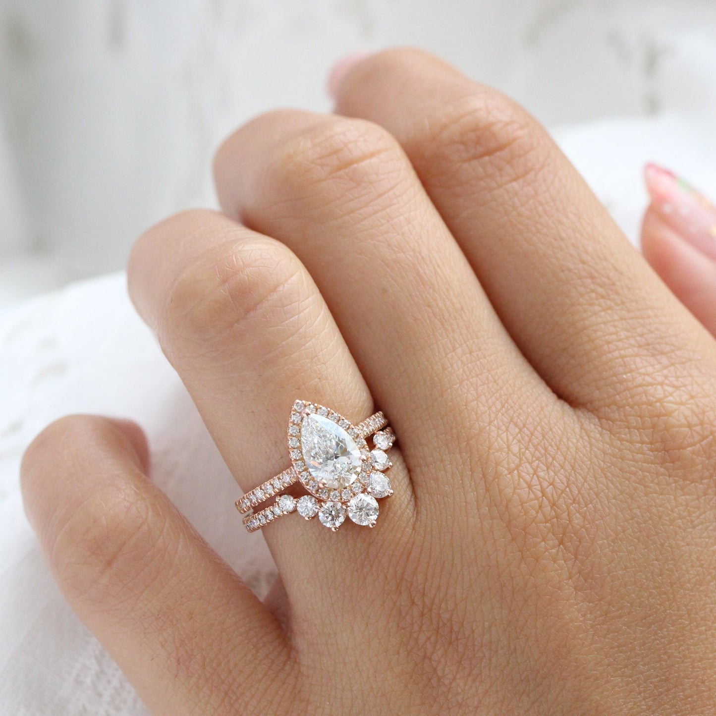 Sophie- 2.0 CT Pear Moissanite Halo & Pave Bridal Ring Set