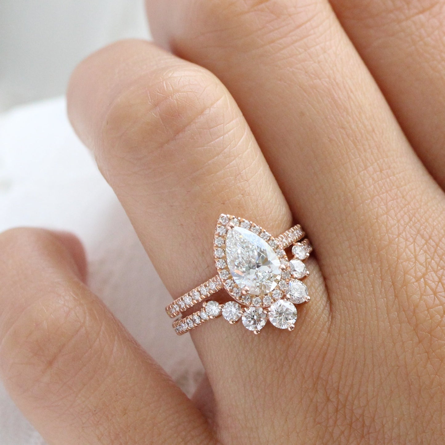 Sophie- 2.0 CT Pear Moissanite Halo & Pave Bridal Ring Set