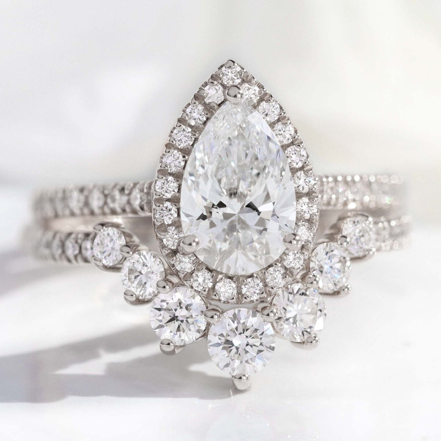 Sophie- 2.0 CT Pear Moissanite Halo & Pave Bridal Ring Set