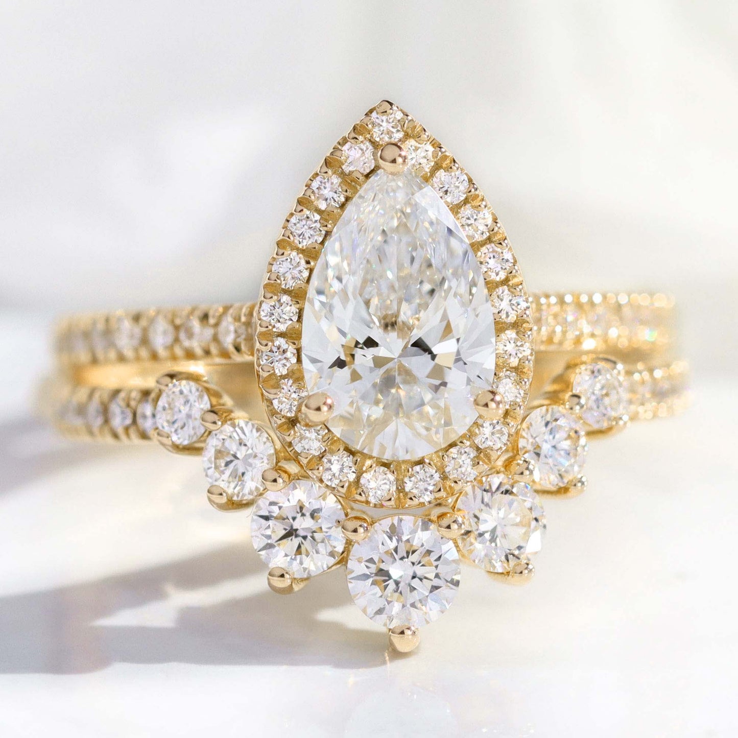 Sophie- 2.0 CT Pear Moissanite Halo & Pave Bridal Ring Set